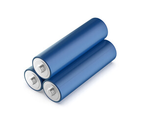 Three blue AA size batteries on white background