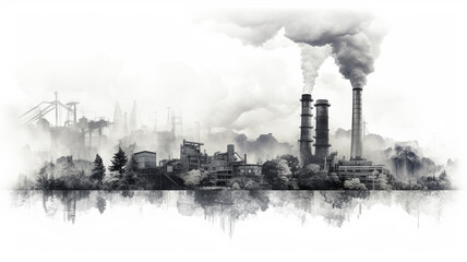 Industrial factories that emit air pollution through smokestacks. - concept of global warming