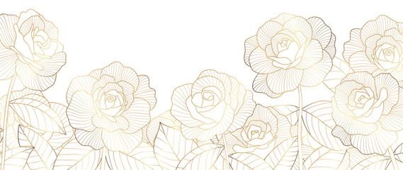 Luxury golden rose flower line art background vector. Natural botanical elegant flower with gold line art. Design illustration for decoration, wall decor, wallpaper, cover, banner, poster, card. - obrazy, fototapety, plakaty