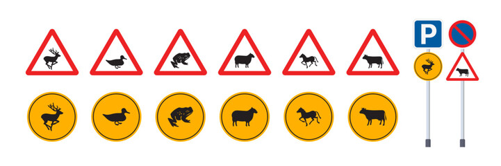 Collection of animal crossing road hazard signs. Traffic sign warning for deer, duck, frog, sheep, horse, cattle and cow on the road. Traffic sign Vector. © Jer