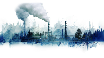 Industrial factories that emit air pollution through smokestacks. - concept of global warming