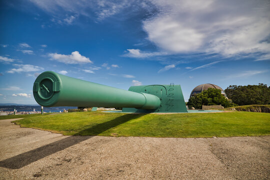 Detail of a 381mm Vickers gun belonging to the old B-8 battery that has a tube of 17 meters and an effective range of 35 km, located on Mount San Pedro in La Coru&ntilde;a. Concept defense, war, artillery.