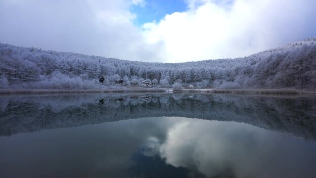 日本の長野県、聖高原の池に映る霧氷の雪景色。