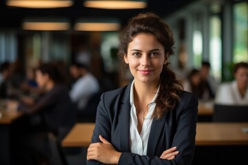 Fototapeta premium Successful businesswoman standing in creative office and looking at camera. Group of business people with businesswoman leader on foreground.