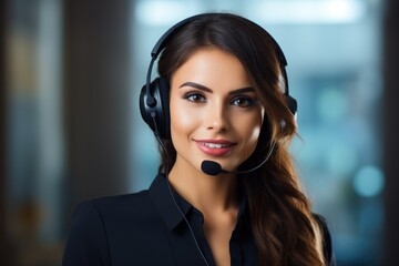 Call center, Beautiful female helpline operator in headset working at office. Technology, contact us and communication with happy employee operator in help desk agency.