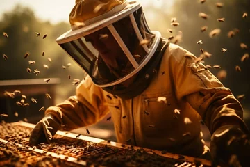 Fotobehang Beekeeper dons attire, showcases honeycomb a harmonious moment in beekeepings rhythm © Muhammad Shoaib