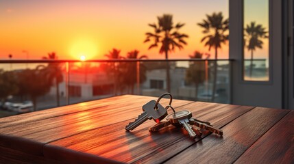 Apartment keys on the wooden table with ocean view in the sunset - obrazy, fototapety, plakaty