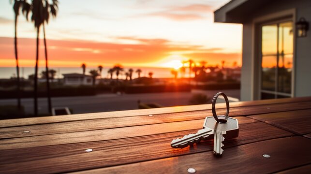 Apartment keys on the wooden table with ocean view in the sunset