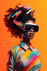 Illustration of a fashion portrait wearing a virtual reality (VR) headset.,., AI Generated.