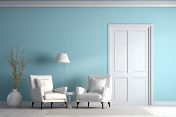 a room with white frame doors in front of a grey wall, white and light blue, 