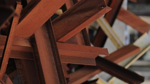 Anti-tank hedgehogs. Many anti-tank hedgehogs close-up on the street. rusty anti-tank hedgehogs. Metal barriers against heavily armored vehicle movement. war in Ukraine. war of Russia against Ukraine