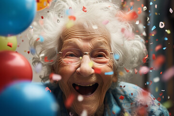 Obraz na płótnie Canvas Extreme close-up, happy and smiling elderly woman celebrates her birthday