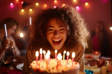 Extreme close-up, happy and smiling teen girl with joyful crazy look celebrates her birthday with in front a cake with candles, 