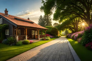 Pathway in Backyard of Home at beautiful sunrays
