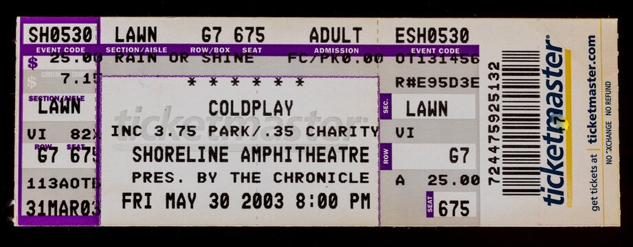 Mountain View, California - May 30, 2003 - Old used ticket for the concert of Coldplay at Shoreline Amphitheatre