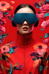 Illustration of a fashion portrait wearing a virtual reality (VR) headset.,., AI Generated.