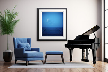 wall art mockup, single large vertical art piece in a music room, blue accents, piano with matching stool in front, 