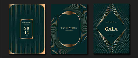 Luxury invitation card background vector. Golden curve elegant, gold lines gradient on dark green color background. Premium design illustration for gala card, grand opening, party invitation, wedding.