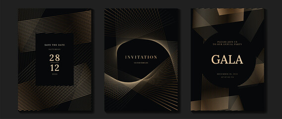 Luxury invitation card background vector. Golden curve elegant, gold lines gradient on dark color background. Premium design illustration for gala card, grand opening, party invitation, wedding.