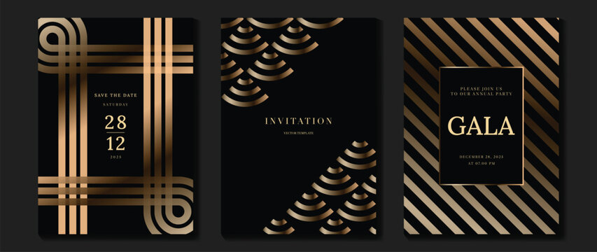 Luxury invitation card background vector. Golden curve elegant, gold lines gradient on dark color background. Premium design illustration for gala card, grand opening, party invitation, wedding.