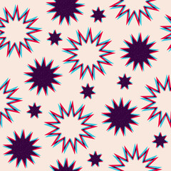 Seamless pattern with stars, retro risograph effect with overlapping colors.