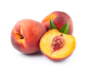 Sweet peaches with leaves on white backgrounds