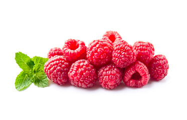 Sweet raspberry with mint on white backgrounds