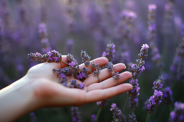 Person holding fresh lavender outdoors. Created using generative AI tools.