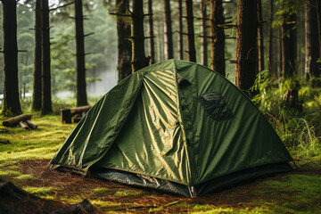 Camping tent with beautiful landscape scenery. Created using generative AI tools.