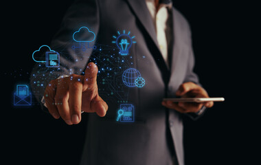 Business people use the internet to network and search information on their mobile devices using artificial intelligence. Technology concepts include storing large data warehouses on cloud computing.
