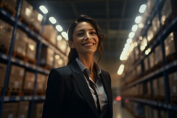 A woman in a professional attire standing confidently in an industrial setting