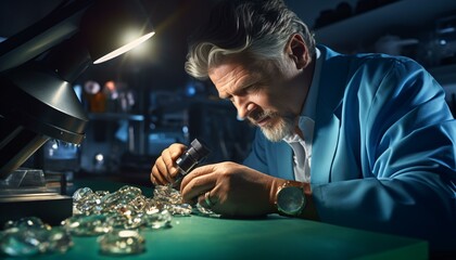 A man working on a glass art piece in a blue jacket