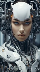 Fototapeta premium A woman wearing a futuristic robot suit and headpiece