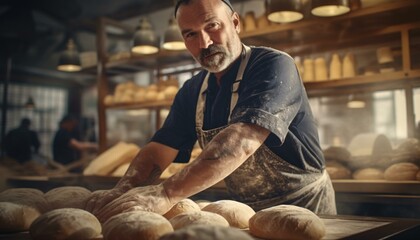 A baker preparing dough for bread in a bustling bakery