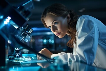 A female scientist conducting research with a microscope