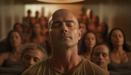 A man with closed eyes standing in front of a group of people