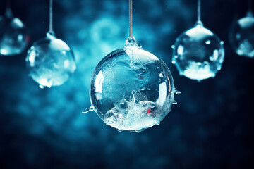 Fototapeta na wymiar Frosted Christmas baubles, glass balls on winter bokeh