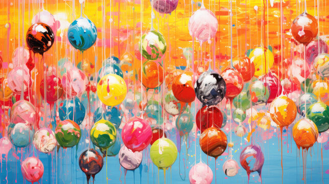 Christmas baubles background painted on wall. Artistic style with vibrant paint colors