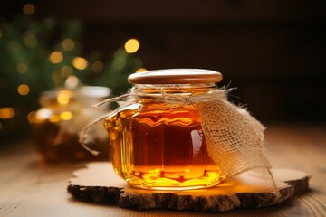 On wooden table, glass jar holds liquid gold a pot of sweet honey