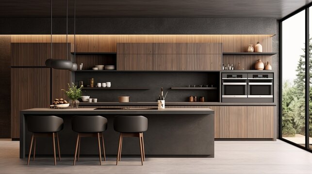 black and dark wooden colour kitchen builtin furniture home interior design background kitchen design with stylish colour and material scheme decorating kitchen in daylight,ai generate
