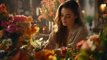 A woman sitting at a table with flowers in front of her
