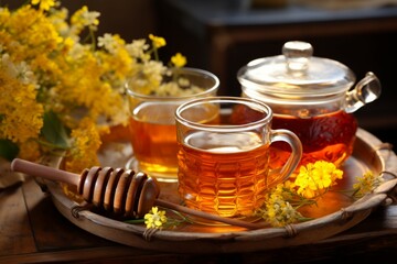 Tray holds teapot, cup of floral herbal tea, honey jar natures soothing harmony