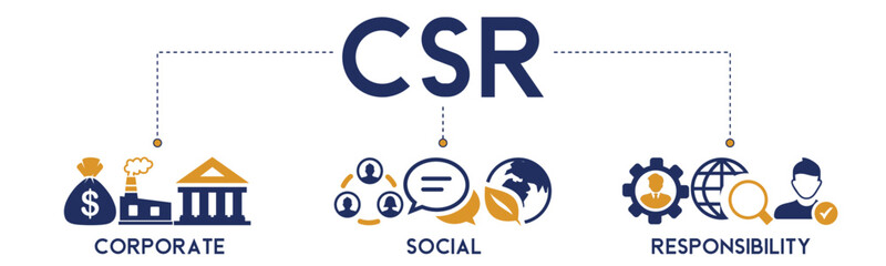 CSR banner website icons vector illustration concept of business and organization with an icons of corporate social responsibility and giving back to community on white background - obrazy, fototapety, plakaty