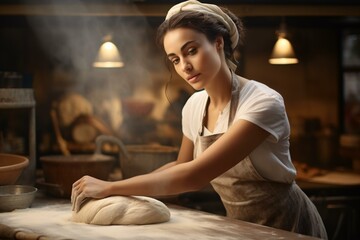 A woman kneading bread dough in an apron