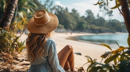 Summer beach vacation concept Happy woman with hat relaxing