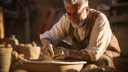 A man sculpting a bowl out of clay