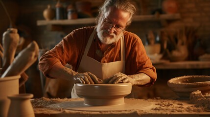 A potter at work on a pottery wheel in a bustling pottery shop