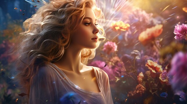 A beautiful woman surrounded by vibrant flowers in a captivating painting