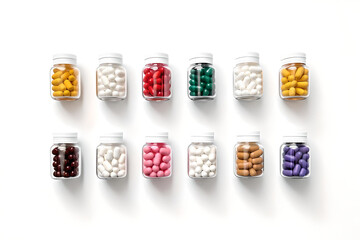 Set of capsules in bottles on a white background. capsule bottles isolated on transparent background, capsule pharmacy bottle pill drug concept.