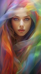 A vibrant and expressive painting of a woman adorned with a colorful scarf